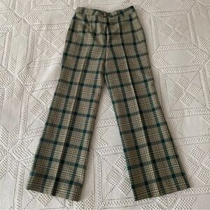 Vintage 70s Green Plaid High Waisted Wide-Leg Flare Pants